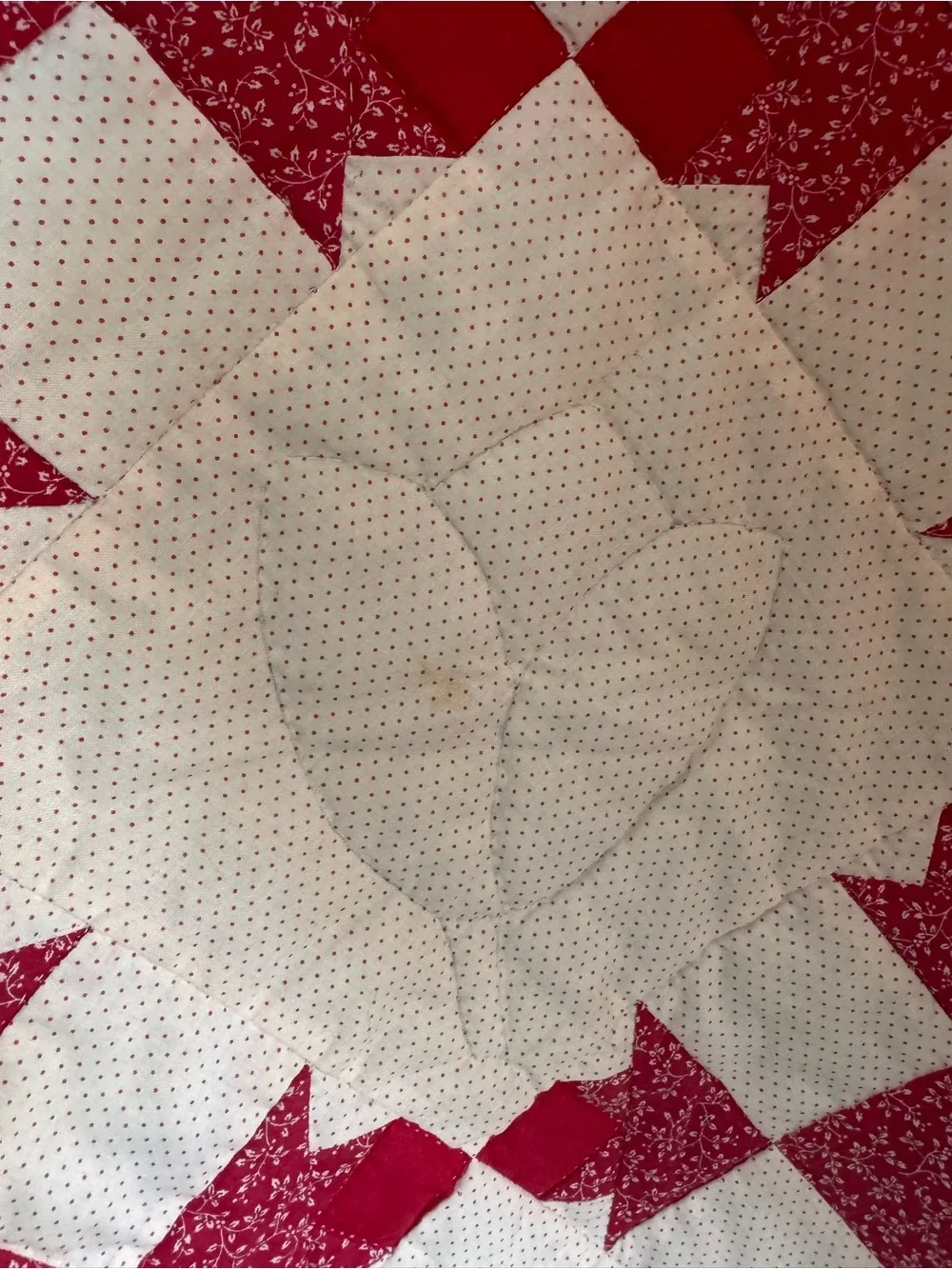 Vintage Handmade Flying Geese quilt pattern Red Cream Micro Floral Ruffle edge
